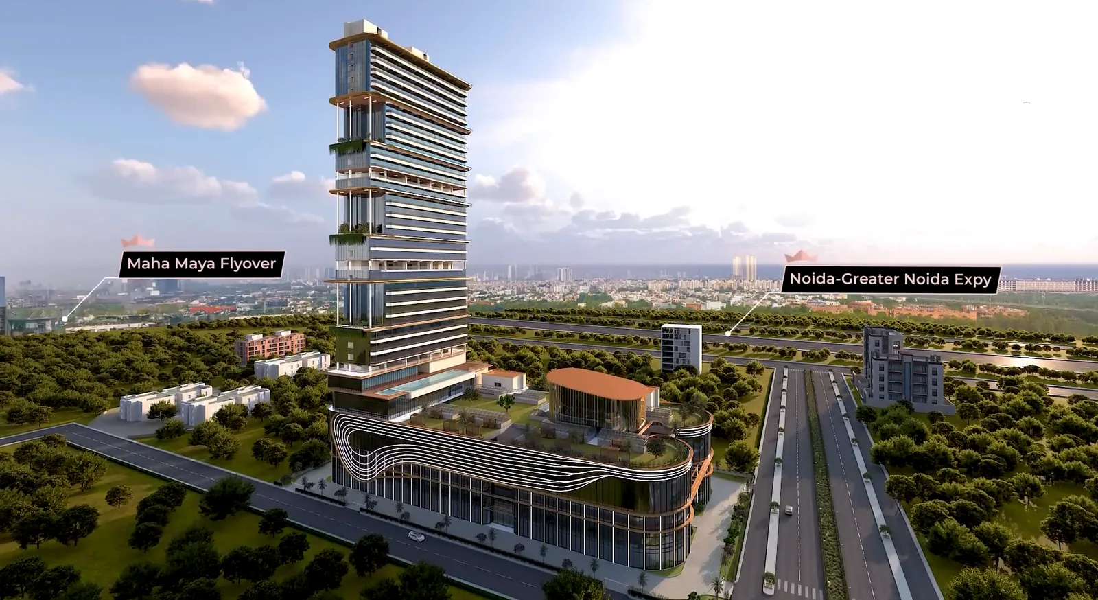 Artistic impression of Purvanchal Skyline Vista from above, with the Noida–Greater Noida Expressway and Maha Maya Flyover marked